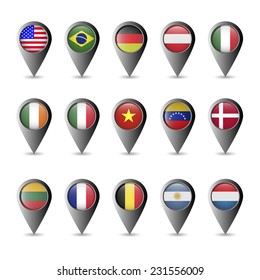 Vector silver metallic flag markers: USA, Brazil, Germany, Austria, Italy, Ireland, Mexico, China, Columbia, Denmark, France, Belgium, Argentina, Netherlands, Lithuania.