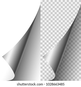 Vector silver metallic realistic paper page corner curled up. Paper sheet folded with soft shadows on light transparent background. 3d illustration. Template for your design.