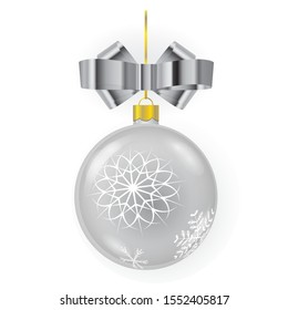 Vector silver new year tree ball with mettalic ribbon bow and ornaments isolated on white background. Useful template for decoration merry christmas. Realistic illustration.