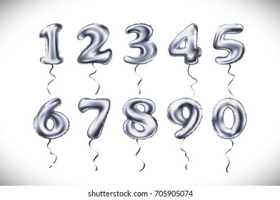 vector silver number 1, 2, 3, 4, 5, 6, 7, 8, 9, 0 metallic balloon. Party decoration golden balloons. Anniversary sign for happy holiday, celebration, birthday, carnival, new year. art