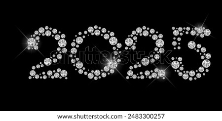 Vector. Silver numbers with diamonds, precious stones on a black background. Luxury elegant Christmas 2025 greeting card, banner, party invitation for jewelry stores, beauty salons, for women.