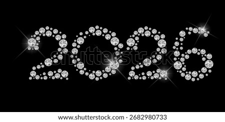 Vector. Silver numbers with diamonds, precious stones on a black background. Luxury elegant Christmas 2026 greeting card, banner, party invitation for jewelry stores, beauty salons, for women.