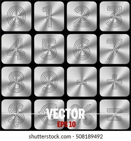 Vector Silver numbers and symbols. (A set of buttons with numbers, currency symbols and arithmetic operations.)