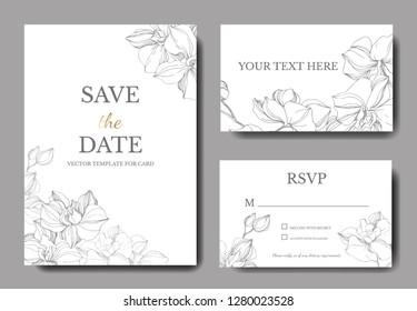 Vector Silver orchid flower. Wild spring leaf wildflower. Engraved ink art. Wedding background card floral decorative border. Thank you, rsvp, invitation elegant card illustration graphic set banner.