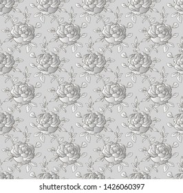Vector silver ornament with rose flowers, seamless floral pattern, elegant background for wedding invitation or perfume packaging design