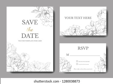 Vector Silver peony. Floral botanical flower. Engraved ink art. Wedding background card floral decorative border. Thank you, rsvp, invitation elegant card illustration graphic set banner.