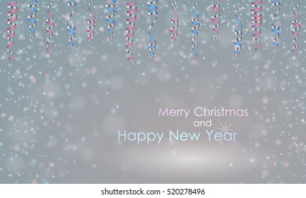 Vector silver, pink, blue serpentine, ribbon with snow dust and stars and lettering isolated on gray snow background. Christmas card for party, holiday design, decor. Vector illustration.