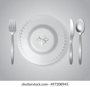 Vector Silver Plate With Utensils Set