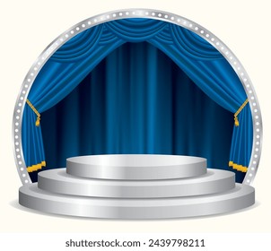 vector silver podium stage with blue curtain