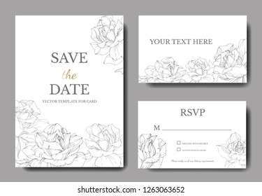 Vector Silver rose flower on white card. Wedding background card floral decorative border. Thank you, rsvp, invitation elegant card illustration graphic set banner. Engraved ink art.
