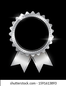 Vector silver seal with ribbons isolated on black background