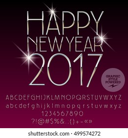 Vector silver shiny Happy New Year 2017 greeting card with set of letters, symbols and numbers. File contains graphic styles