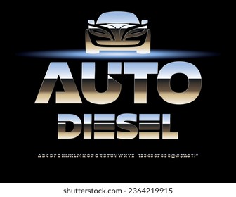 Señal de plata vectorial Auto Diesel con carro metálico. Fuente cromada moderna. Conjunto de letras y números de alfabeto de acero 
