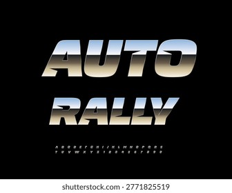 Vector Silver sign Auto Rally. Dynamic Metallic Font. Unique Chrome Alphabet Letters and Numbers.