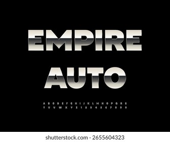 Vector Silver sign Auto Shop. Reflective Steel Font. Cool Metallic Alphabet Letters and Numbers set