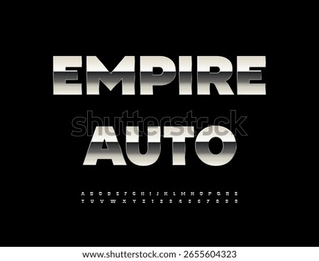 Vector Silver sign Auto Shop. Reflective Steel Font. Cool Metallic Alphabet Letters and Numbers set