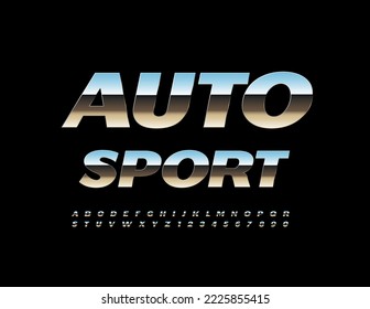 Vector silver sign Auto Sport. Trendy Metallic Font. Steel Alphabet Letters and Numbers