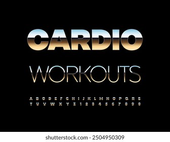 Signo de plata de Vector Cardio Workouts. Fuente metálica reflectante. Conjunto de letras y números del alfabeto moderno.