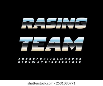 Vector silver sign Racing Team. Metallic Reflective Font. Trendy Steel Alphabet Letters and Numbers set.
