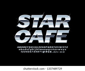 Vector Silver Sign Star Cafe. Chic set of Letters, Numbers, Symbols. Chrome sparkling Font