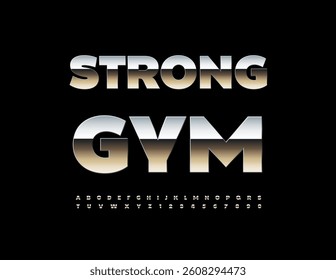 Vector Silver sign Strong Gym. Reflective Steel Font. Cool Metallic Alphabet Letters and Numbers set.