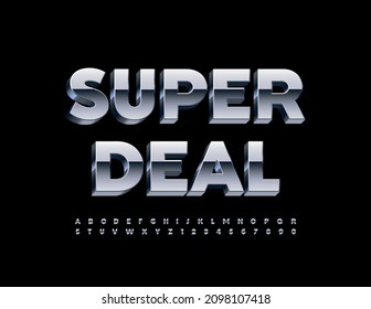 Vektor Silver Sign Super Deal. Trendy Metallic 3D Font. Reflektive Alphabet-Buchstaben und -Zahlen