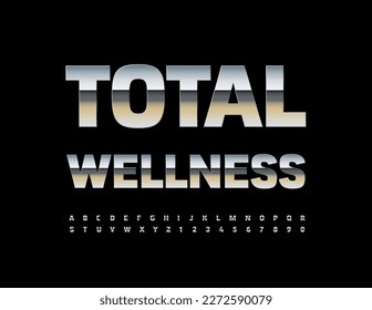 Signo de plata vectorial Wellness total. Fuente cromada moderna. Letras y números de alfabeto metálico
