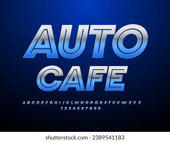 Vector silver Signboard Auto Cafe. Metallic Stylish Font. Trendy Alphabet Letters and Numbers