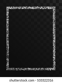 Vector silver snow frame. Shining rectangle banner. Isolated on black transparent background. Elements for banner, design, logo, card, web, invitation, business, party. Vector illustration, eps 10.