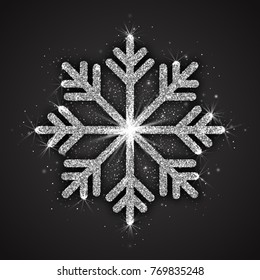 Vector Silver Sparkling Snowflake with Shimmer Glitter Texture Isolated on Dark Gray Background. Merry Christmas, Xmas, Happy New Year, Noel, Yule Holidays Abstract Symbol Decoration. 3D Illustration