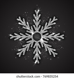 Vector Silver Sparkling Snowflake with Shimmer Glitter Texture Isolated on Dark Gray Background. Merry Christmas, Xmas, Happy New Year, Noel, Yule Holidays Abstract Symbol Decoration. 3D Illustration