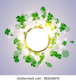 Vector silver St Patrick's Day background with round frame and spark. Clover leaves and sparkling light effect golden ring. Festive circle concept