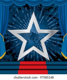 vector silver star on blue grunge stage