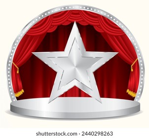 vector silver star on circle stage with red curtain