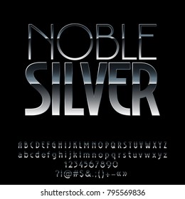 Letras alfabéticas de estilo plateado vectorial, números y símbolos de puntuación