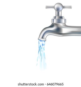 Vector silver tap with water. Design for icon. Water falling from tap. Vector illustration.