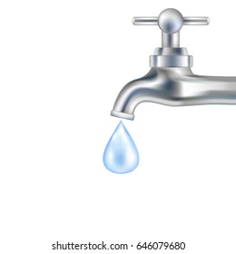 Vector silver tap with water. Design for icon. Water falling from tap. Vector illustration.