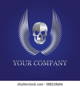Vector silver tattoo or logo with skull, wings on dark blue gradient background. Logotype design for musical hip-hop brand or rock band, air force, biker or MMA fighter.