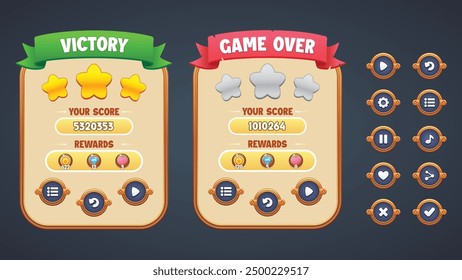 Vector silver theme deluxe game UI kit. Set of victory and gameover menu scene pop up, icons, and round buttons.