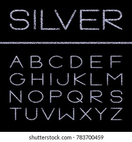 Vector silver uppercase alphabet. Unique sans serif thin silver glitter font. Confetti style abc set isolated on black background. For glamour and luxury design
