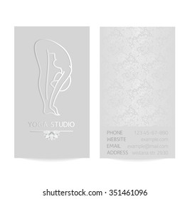 Vector silver vertical business card template - gray silk print of front and back sides - lotus, yoga pose, woman body and paisley ornament with copy space