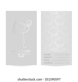 Vector silver vertical business card template - gray silk print of front and back sides - lotus, yoga pose, woman body and paisley ornament with copy space