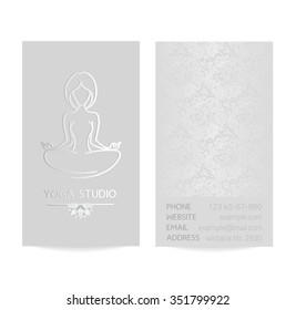 Vector silver vertical business card template - gray silk print of front and back sides - lotus, yoga pose, woman body and paisley ornament with copy space