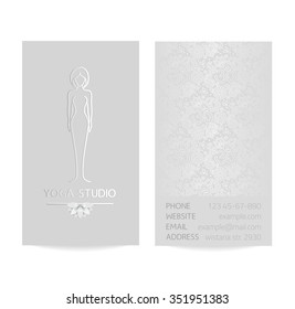 Vector silver vertical business card template - gray silk print of front and back sides - lotus, yoga pose, woman body and paisley ornament with copy space