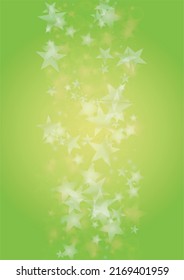 Vector Silver White Glowing Star Confetti on Green Gradient Background. Bokeh Texture. Abstract Magic Starry Pattern. Glitter Shiny Particles Explosion. Summer Glowing Poster. Christmass Design.