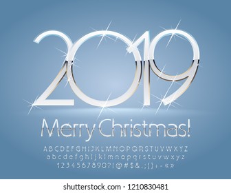 Vector silver and white Merry Christmas 2019 Greeting Card. Chic Alphabet with sparkling stars set of Letters, Symbols and Numbers. Unique stylish Font.