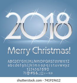 Vector silver and white Merry Christmas 2018 Greeting Card. Chic Alphabet with sparkling stars set of Letters, Symbols and Numbers.