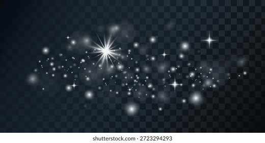 Vector silver white shimmering starry background, glitter on transparent background. Light effect. Vector shimmering glitter effect. Sun glare with rays and highlights. Stars shine, sparkles twinkle.
