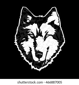 Vector silver wolf head. Grim face of the wild forest predator in the retro style. Black and white print or sticker with a crisp grainy texture and jagged edge. Mascot isolated on a black background.