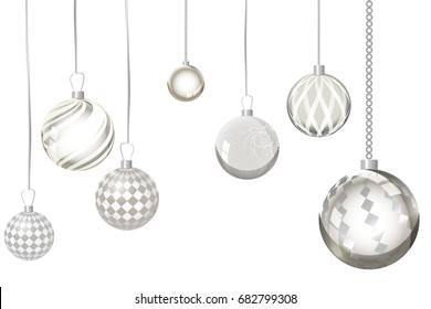 Vector silver xmas background abstract. Christmas ball snow ornaments set isolated. Christmas decoration with xmas lights and bokeh. New year silver effect decoration background on white. .